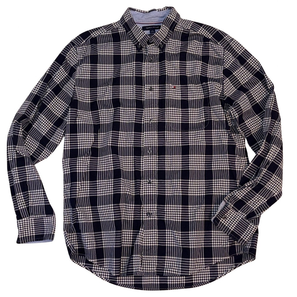 Tommy Hilfiger Plaid Button Front Shirt Classic Fit L Navy White Textured Feel
